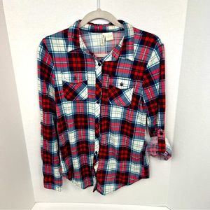 Passport Red white blue plaid button up shirt size small